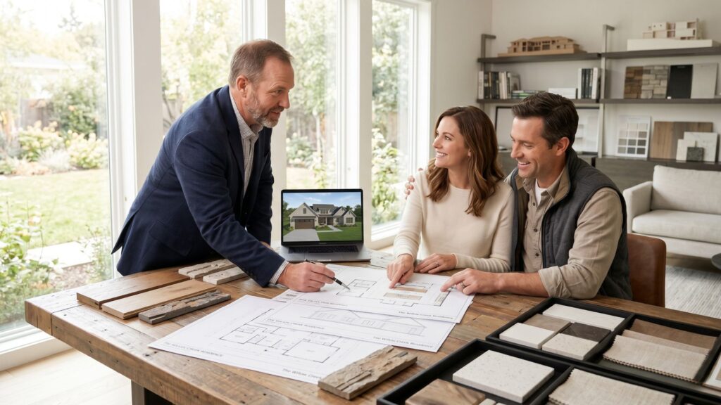 Home builder reviewing custom house plans with clients in Maryland