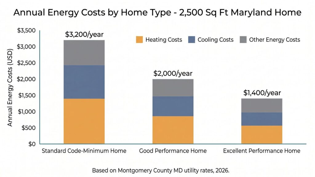 Annual energy cost comparison energy efficient vs standard Maryland homes