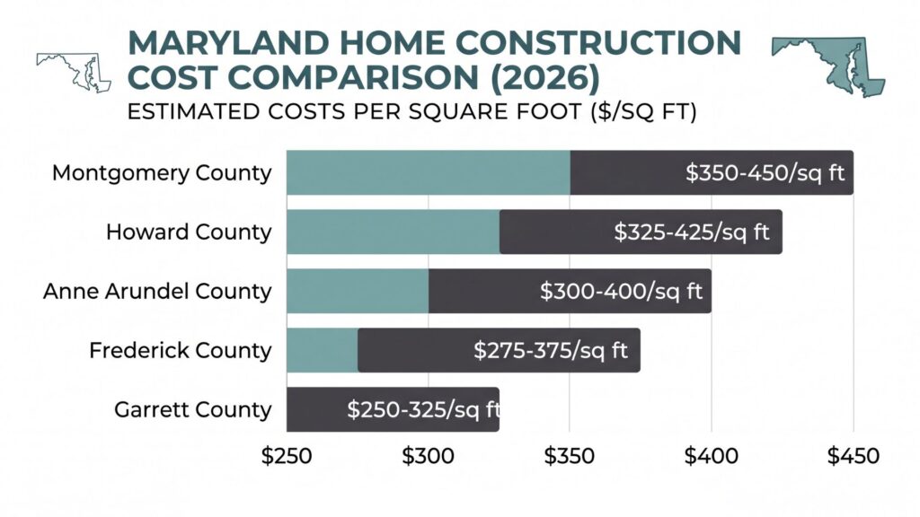Maryland home construction cost breakdown by county 2026 chart