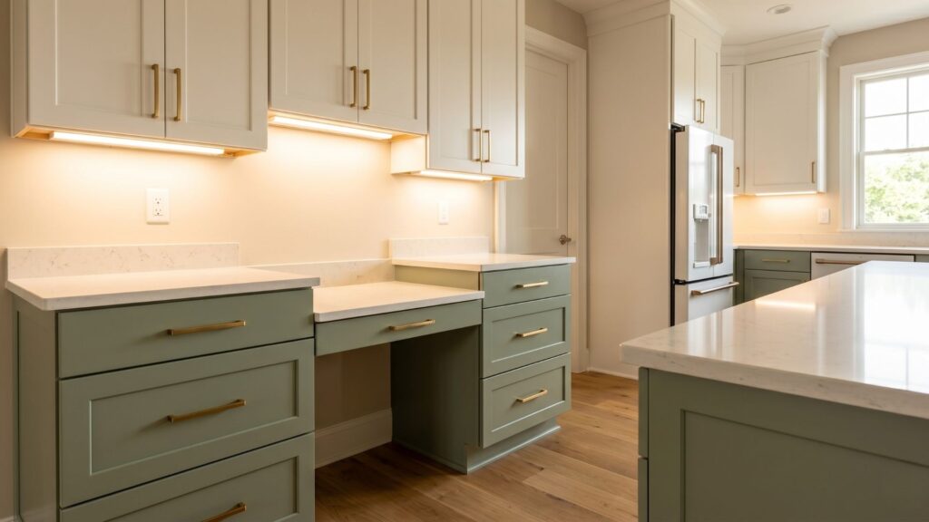 Accessible kitchen design with varied counter heights and knee space in Maryland custom home
