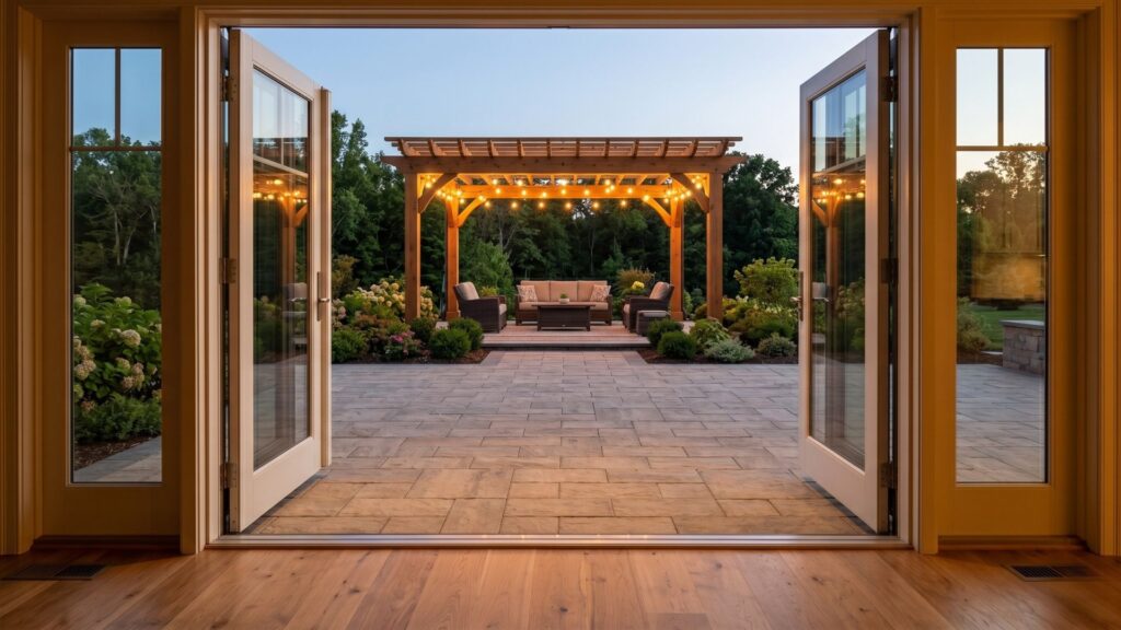 Flush patio transition from kitchen to outdoor living area in accessible Maryland custom home design
