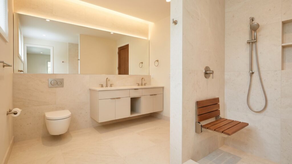 Comfort-height wall-hung toilet with clear floor space and adjacent blocking in Maryland custom bathroom