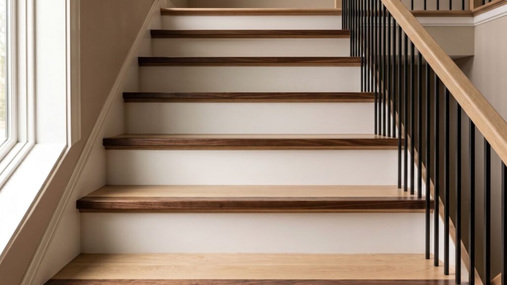 Staircase with contrasting wood nosing on each tread for visual clarity in Maryland custom home