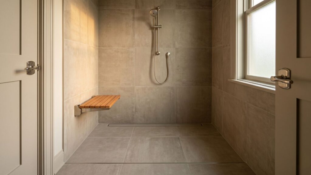 Curbless walk-in shower with linear drain and fold-down seat in Maryland accessible bathroom design