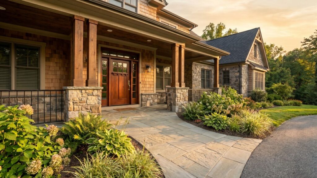 Zero-step entry with covered porch at Maryland custom home designed for aging in place
