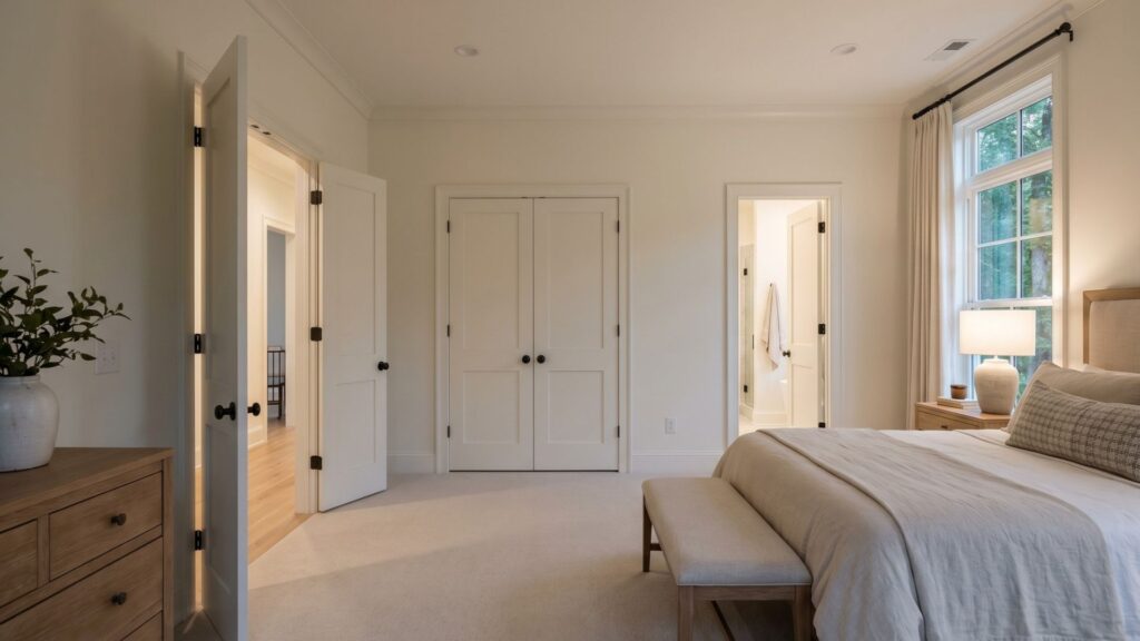 Main floor primary suite with direct access in single-story Maryland custom home floor plan