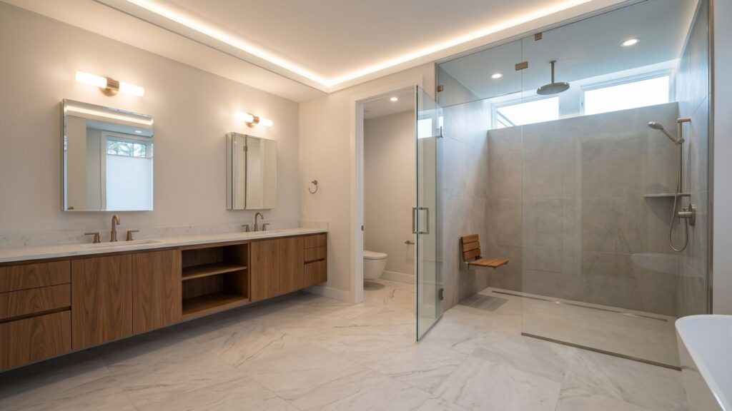 Generous master bathroom designed for two with dual vanity and oversized walk-in shower in Maryland custom home