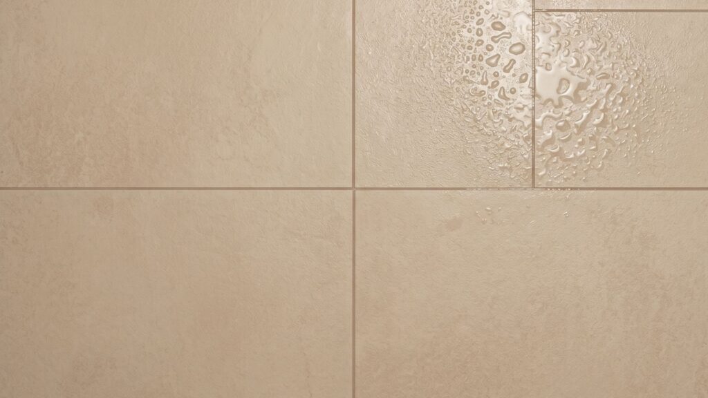 Matte textured porcelain tile bathroom floor with high DCOF rating in Maryland custom home