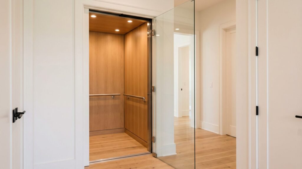 Installed residential elevator inside Maryland custom home with wood paneling and glass door