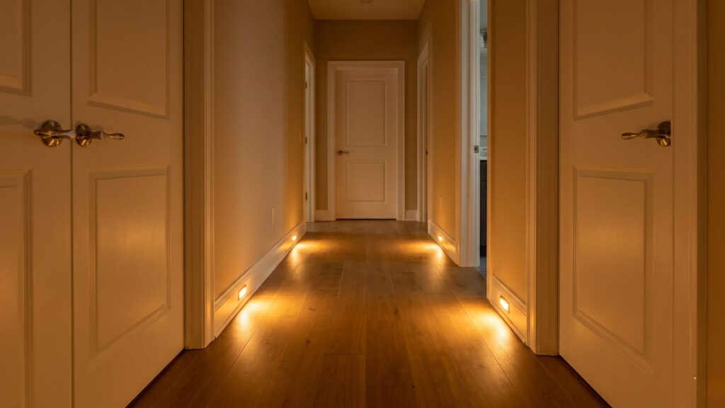 Motion-activated baseboard pathway lighting in hallway of Maryland custom home at night