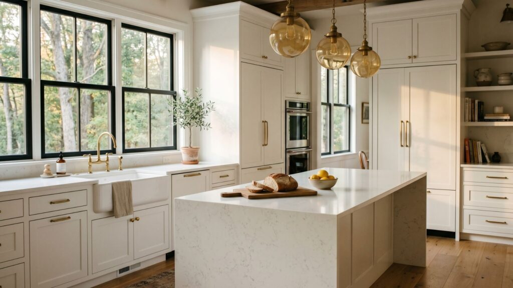 Maryland custom home kitchen with Shaker cabinetry and quartz island in Bethesda build