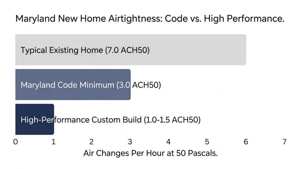 Bar chart comparing ACH50 blower door test results for code minimum vs high-performance Maryland homes